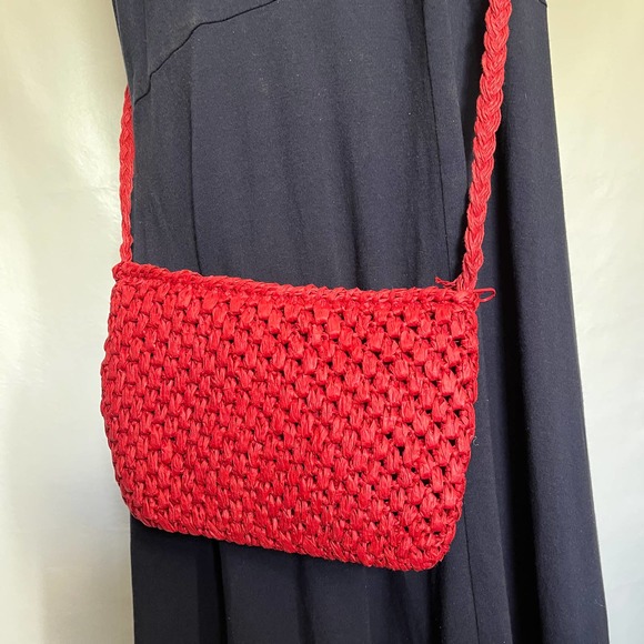 Cappelli Straworld Crossbody Purse Red Raffia Floral Crochet - Picture 8 of 12
